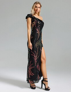 Foto 3 | Vestido Bella Barnett Negro Con Lentejuelas Y Volantes En Un Solo Hombro - Venta Internacional.