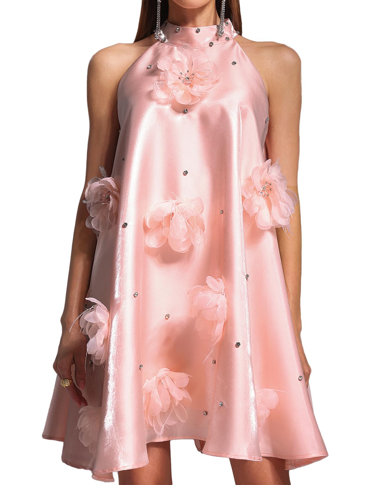 Vestido Bella Barnett Dreamy Halter Rosa Con Cristales Florales Satinados - Venta Internacional.