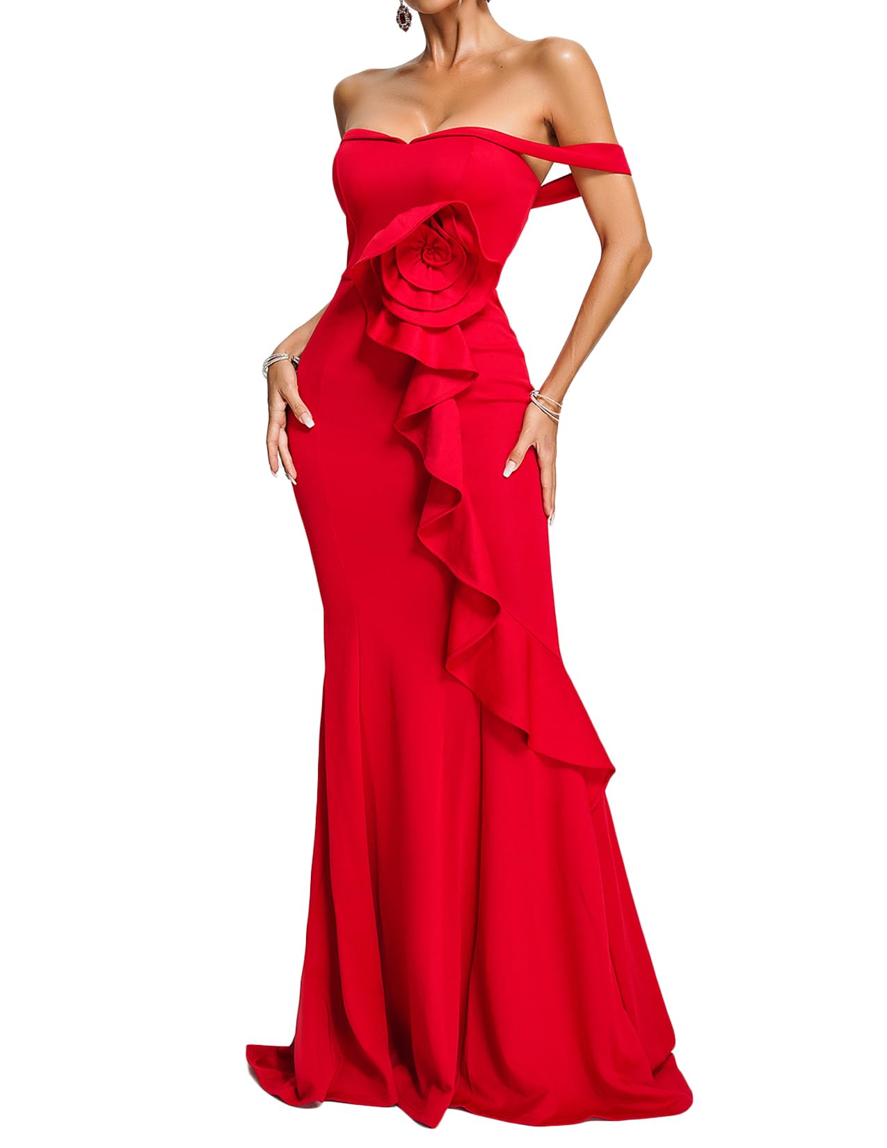 Foto 1 | Vestido Bella Barnett Flower Con Hombros Descubiertos Y Volantes Largos, Rojo - Venta Internacional.