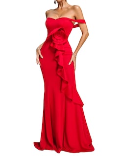 Foto 1 | Vestido Bella Barnett Flower Con Hombros Descubiertos Y Volantes Largos, Rojo - Venta Internacional.