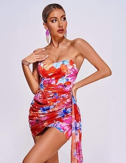 Foto 2 | Vestido Minivestido Ajustado Con Estampado Floral Sin Tirantes Y Fruncidos De Bella Barnett - Venta Internacional.
