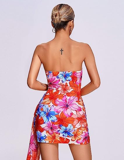 Foto 4 pulgar | Vestido Minivestido Ajustado Con Estampado Floral Sin Tirantes Y Fruncidos De Bella Barnett - Venta Internacional.