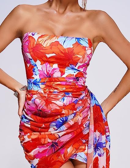 Foto 5 pulgar | Vestido Minivestido Ajustado Con Estampado Floral Sin Tirantes Y Fruncidos De Bella Barnett - Venta Internacional.