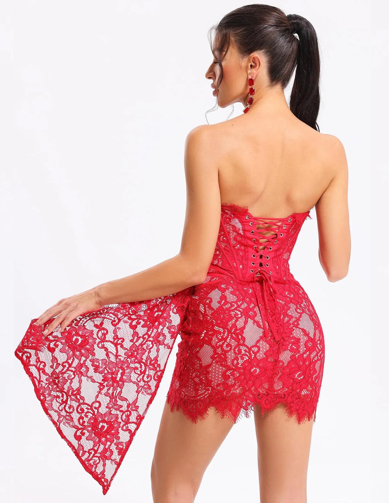 Foto 5 pulgar | Vestido Bella Barnett Elegante De Encaje Asimétrico Rojo Para Invitada A La Boda - Venta Internacional.