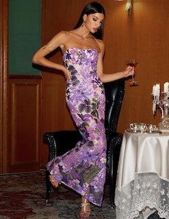 Foto 2 | Vestido Bella Barnett Vestido Largo De Lentejuelas Tubulares Con Estampado Floral Morado - Venta Internacional.