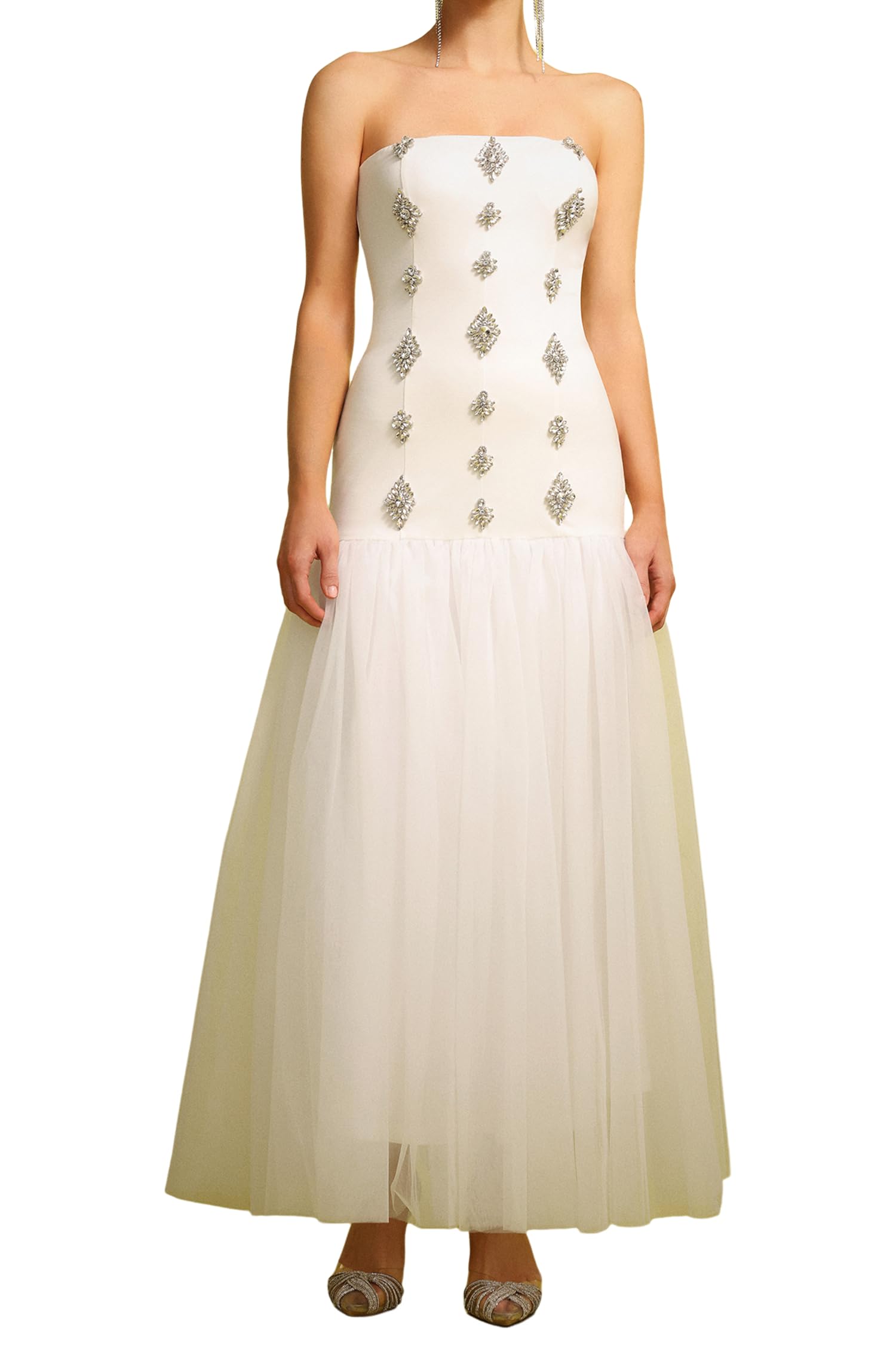 Foto 2 pulgar | Vestido Bella Barnett Blanco Sin Mangas En Tubo Y Malla Diamantada De Tul - Venta Internacional.