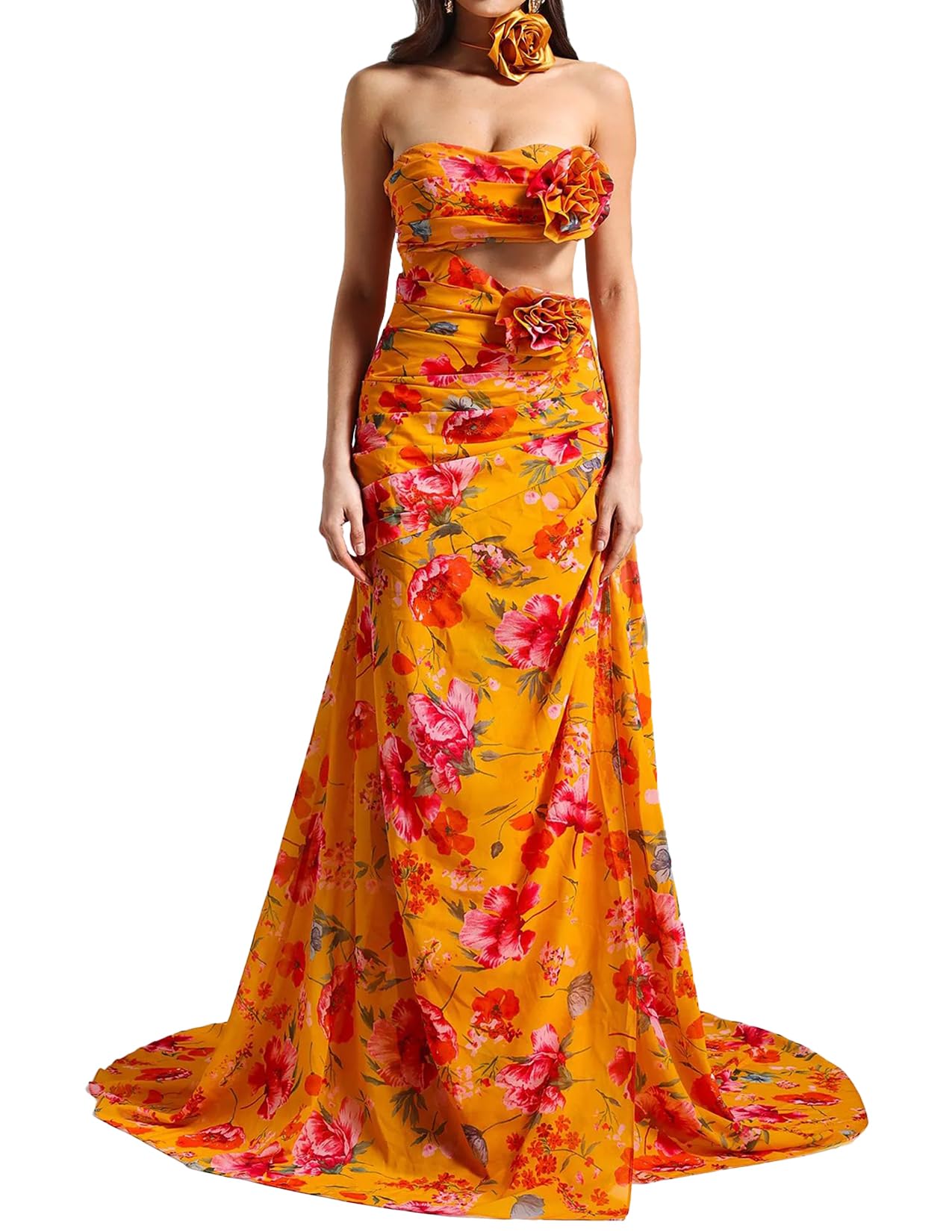 Foto 1 | Vestido Bodycon Sin Tirantes Con Estampado Floral Tropical De Bella Barnett, Naranja - Venta Internacional.
