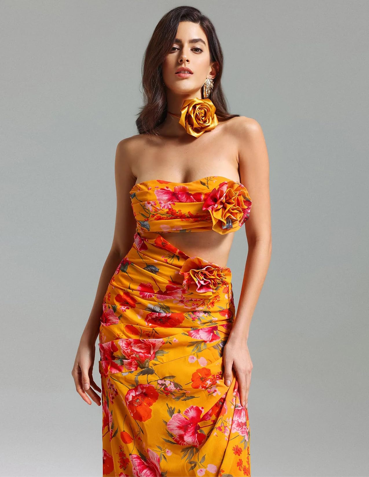 Foto 3 pulgar | Vestido Bodycon Sin Tirantes Con Estampado Floral Tropical De Bella Barnett, Naranja - Venta Internacional.