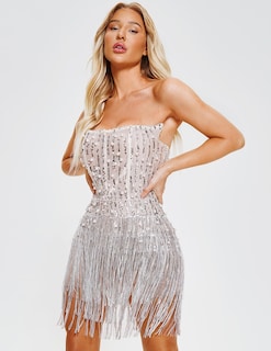 Foto 3 | Vestido De Lentejuelas Bella Barnett Fringe Silver Cocktail Para Mujer - Venta Internacional.