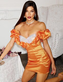 Foto 2 | Vestido Bella Barnett Con Hombros Descubiertos Y Diamantes De Imitación Naranja Satinados - Venta Internacional.