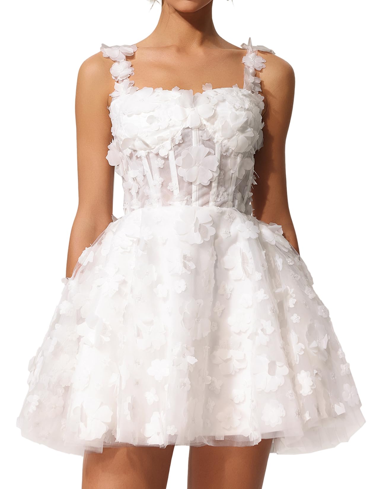 Foto 2 pulgar | Vestido Tsukko Con Flores Blancas, Encaje Y Tirantes Finos Para Mujer - Venta Internacional.