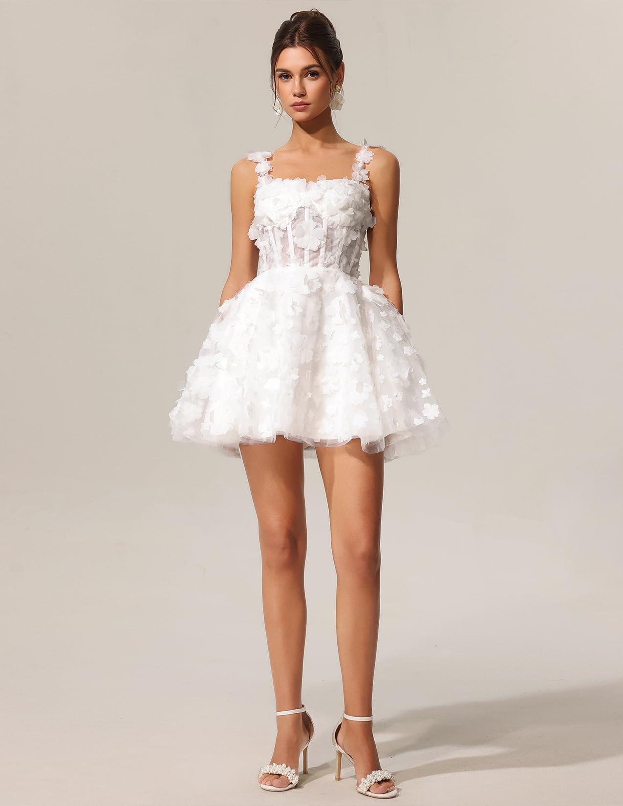 Foto 3 pulgar | Vestido Tsukko Con Flores Blancas, Encaje Y Tirantes Finos Para Mujer - Venta Internacional.
