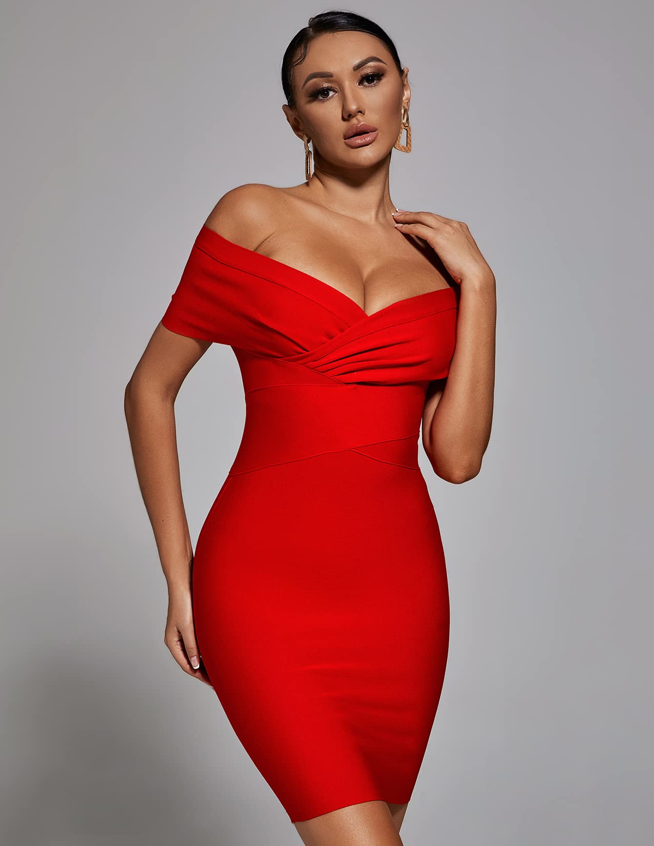 Foto 3 pulgar | Vestido Bella Barnett Con Hombros Descubiertos, Vendaje Rojo Y Cuello En V - Venta Internacional.