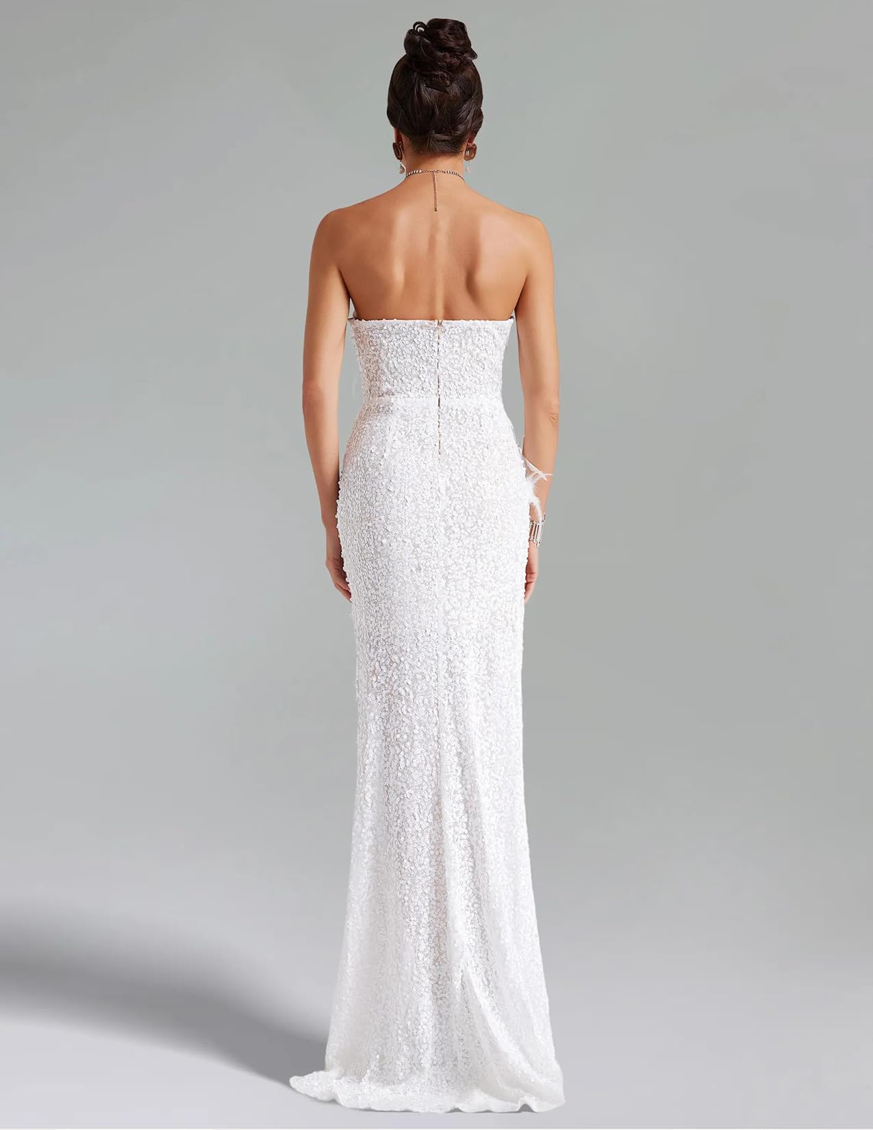 Foto 5 pulgar | Vestido Largo Sin Tirantes Bella Barnett Con Lentejuelas Y Plumas Blancas Y Perlas - Venta Internacional.