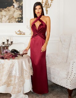 Foto 3 | Vestido Bella Barnett Halter Satén Plisado Cocktail Rojo Para Mujer - Venta Internacional.