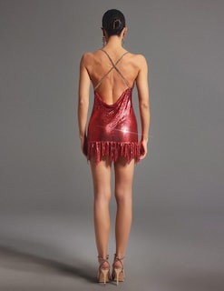 Foto 2 | Vestido De Fiesta Tsukko Metallic Mini Rojo Sin Mangas Con Lentejuelas Y Cuello En V - Venta Internacional.