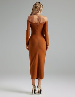 Foto 4 | Vestido Largo Bella Barnett Marrón Con Hombros Descubiertos Fruncidos Para Mujer - Venta Internacional.