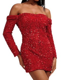 Foto 1 | Vestido Bella Barnett Minivestido De Punto Con Lentejuelas Rojas Con Hombros Descubiertos - Venta Internacional.