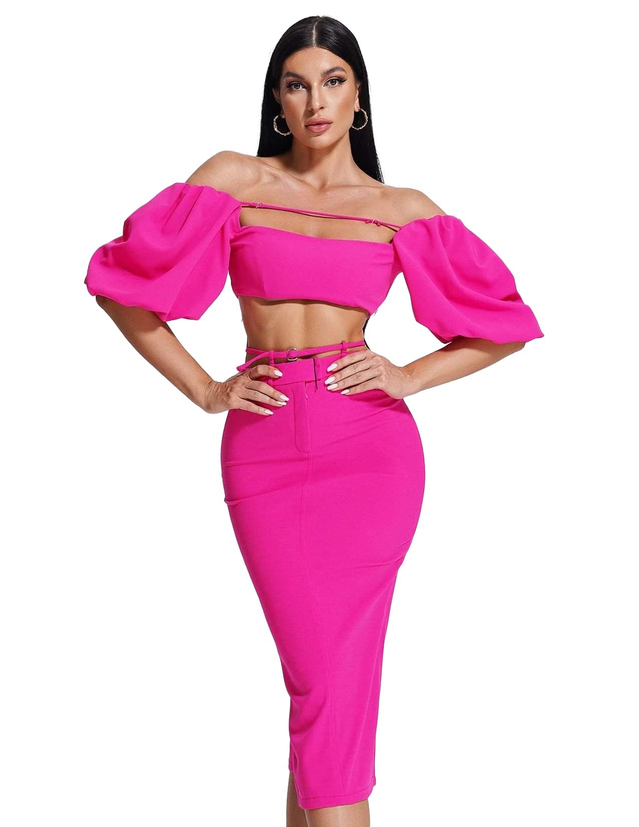 Foto 2 pulgar | Conjunto De Dos Piezas Para Mujer Bella Barnett Vestido De Manga Abullonada Rosa - Venta Internacional.