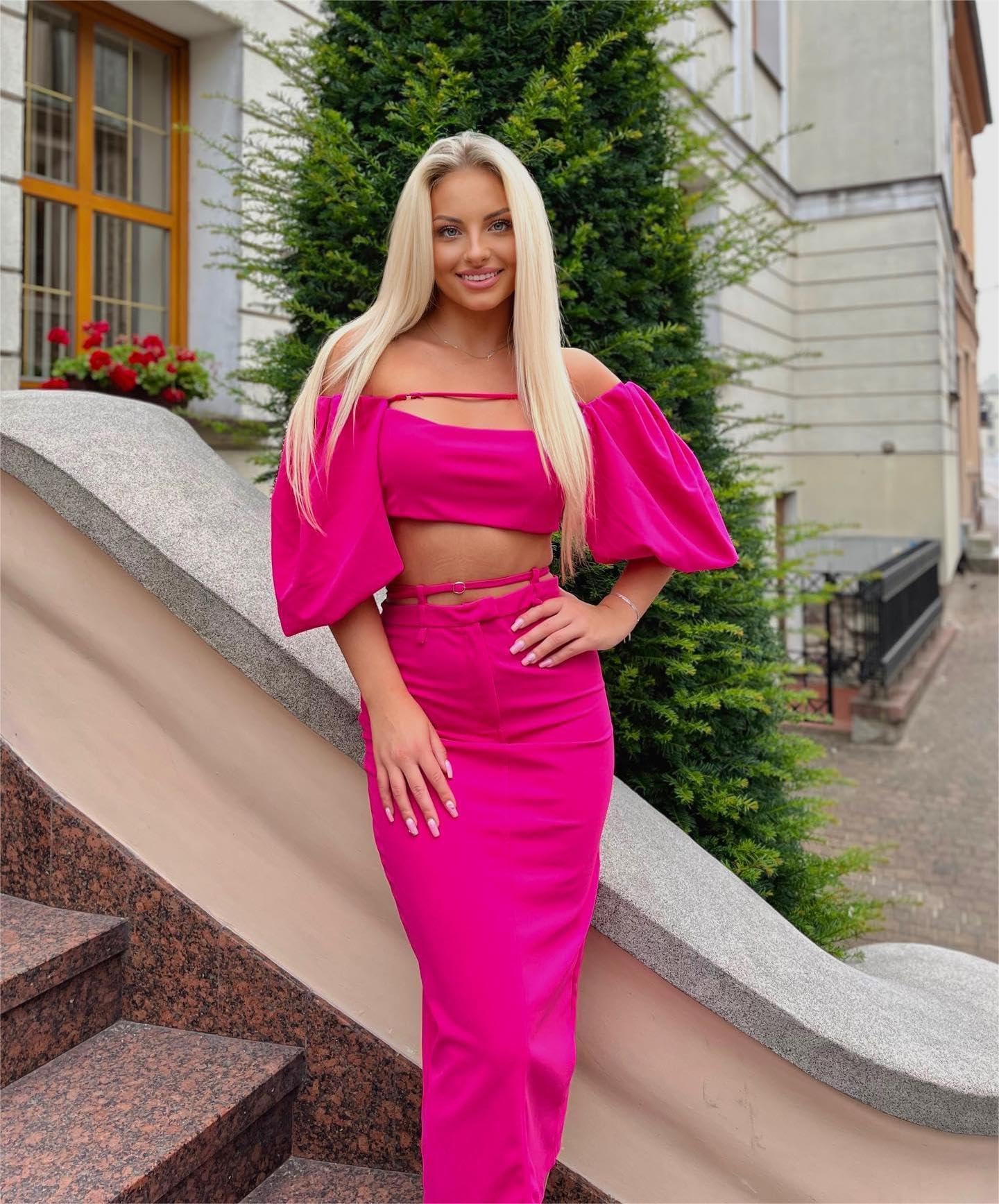 Foto 4 pulgar | Conjunto De Dos Piezas Para Mujer Bella Barnett Vestido De Manga Abullonada Rosa - Venta Internacional.