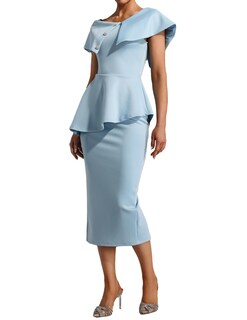 Foto 1 | Vestido Bella Barnett Azul Claro Con Volantes En Un Hombro Con Diamantes - Venta Internacional.