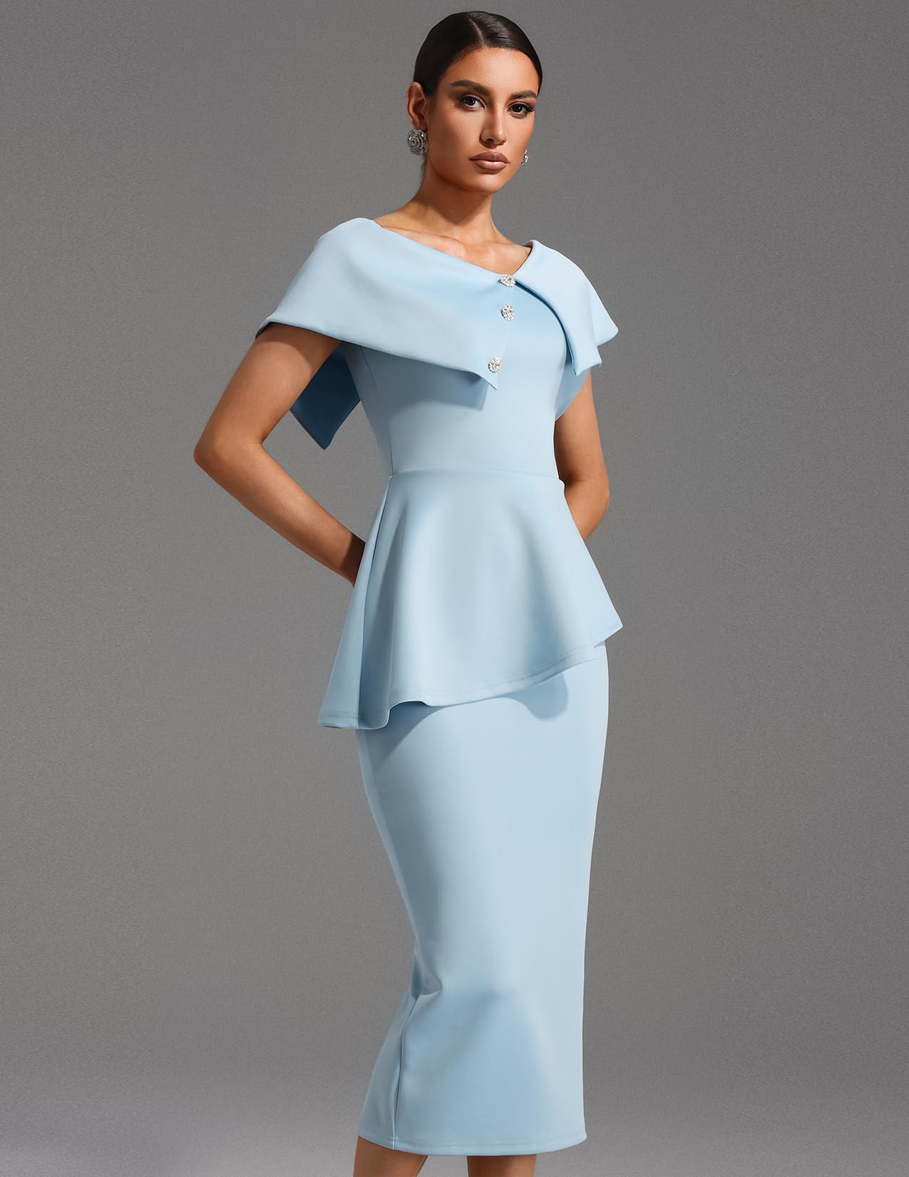 Foto 4 | Vestido Bella Barnett Azul Claro Con Volantes En Un Hombro Con Diamantes - Venta Internacional.