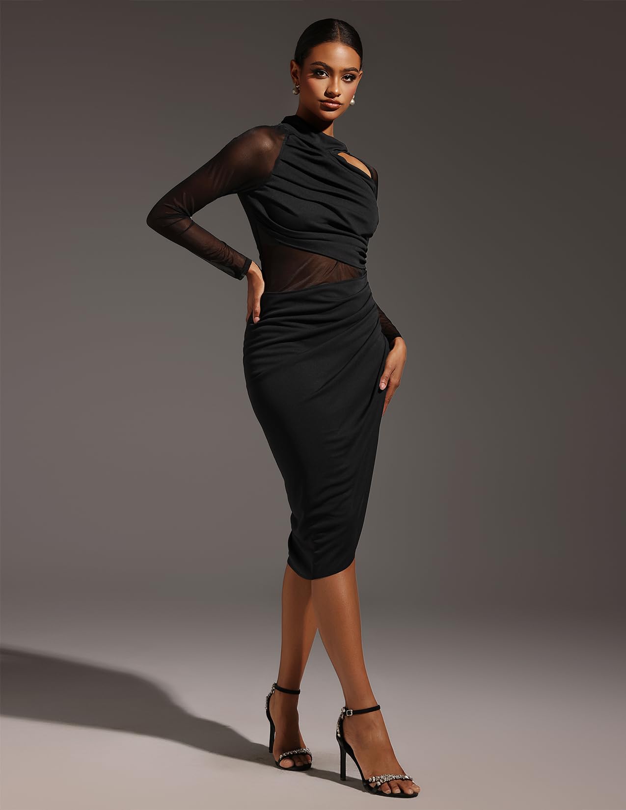 Foto 2 | Vestido De Fiesta Tsukko Chiffon Negro De Manga Larga Para Mujer - Venta Internacional.