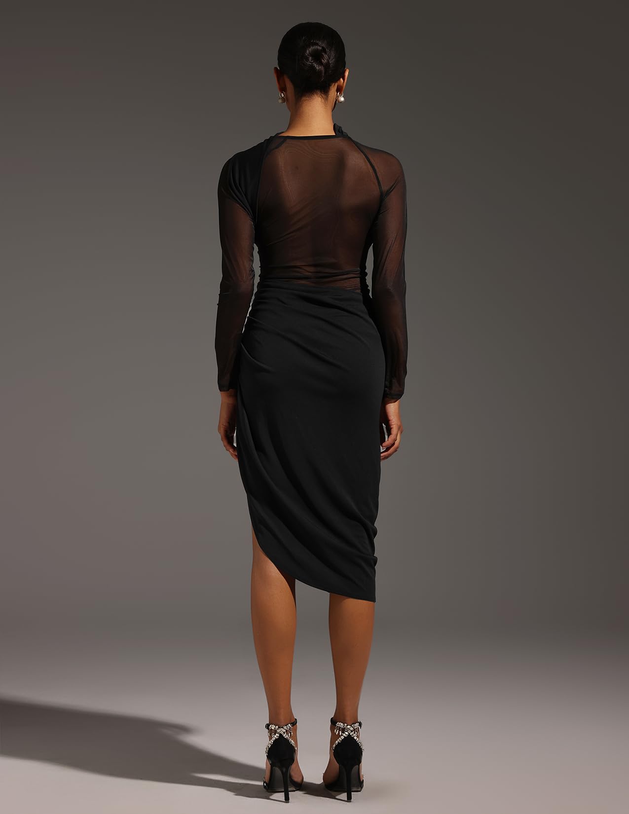 Foto 3 | Vestido De Fiesta Tsukko Chiffon Negro De Manga Larga Para Mujer - Venta Internacional.