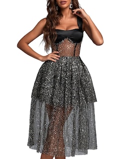 Foto 1 | Vestido Bella Barnett, Sexy, De Malla Transparente Con Purpurina, Negro - Venta Internacional.