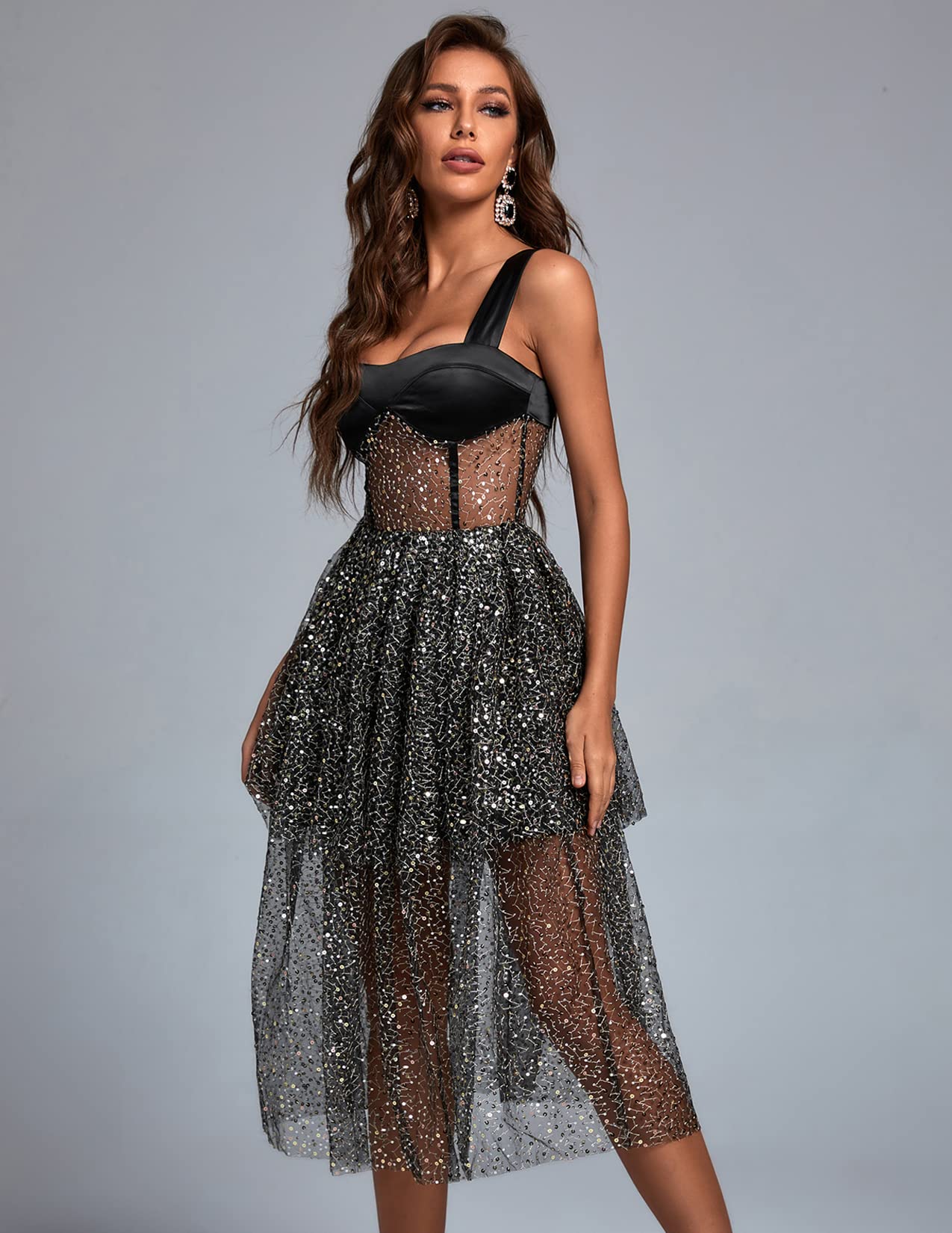 Foto 6 | Vestido Bella Barnett, Sexy, De Malla Transparente Con Purpurina, Negro - Venta Internacional.