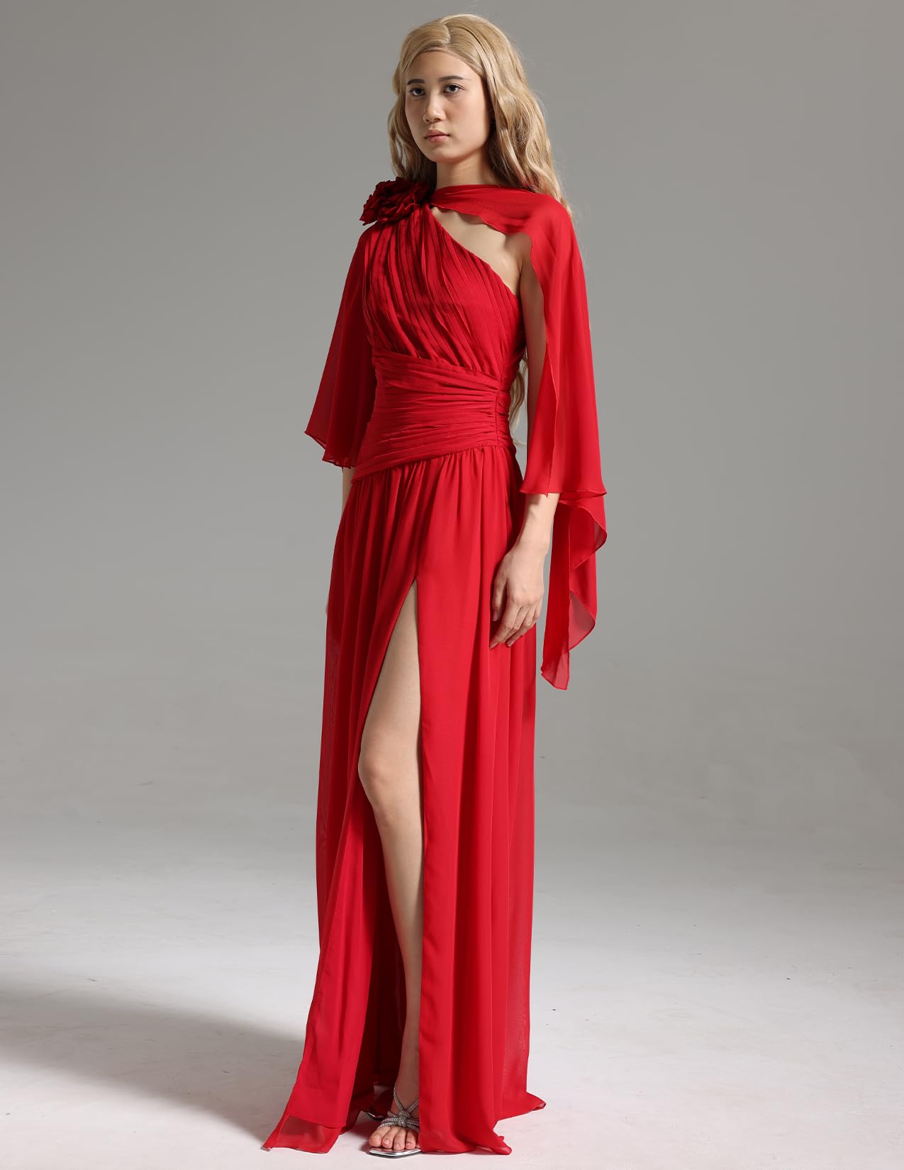 Foto 3 pulgar | Vestido De Chifón Bella Barnett Flower Con Un Hombro Rojo Para Mujer - Venta Internacional.