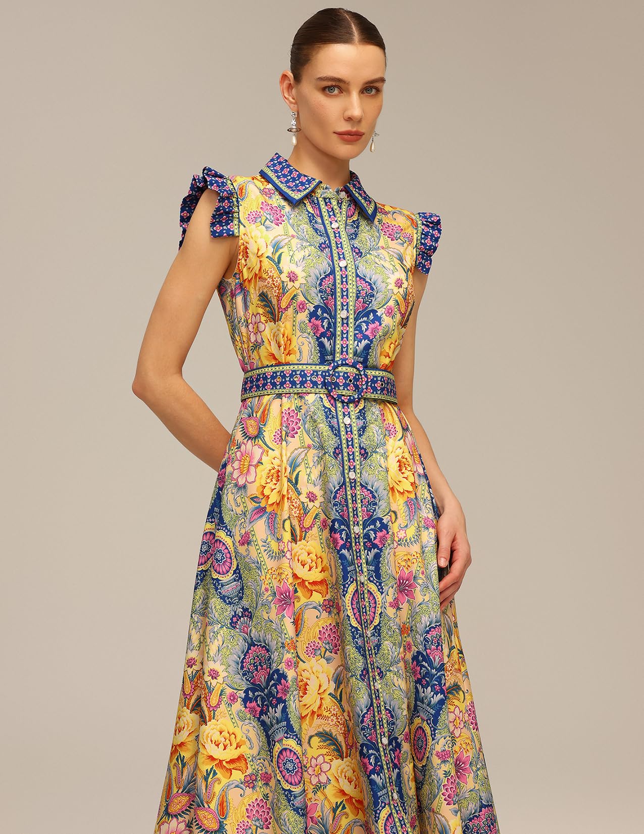 Foto 5 pulgar | Vestido Tsukko Azul Floral De Manga Corta Con Cuello Redondo Y Manga Corta Mini - Venta Internacional.