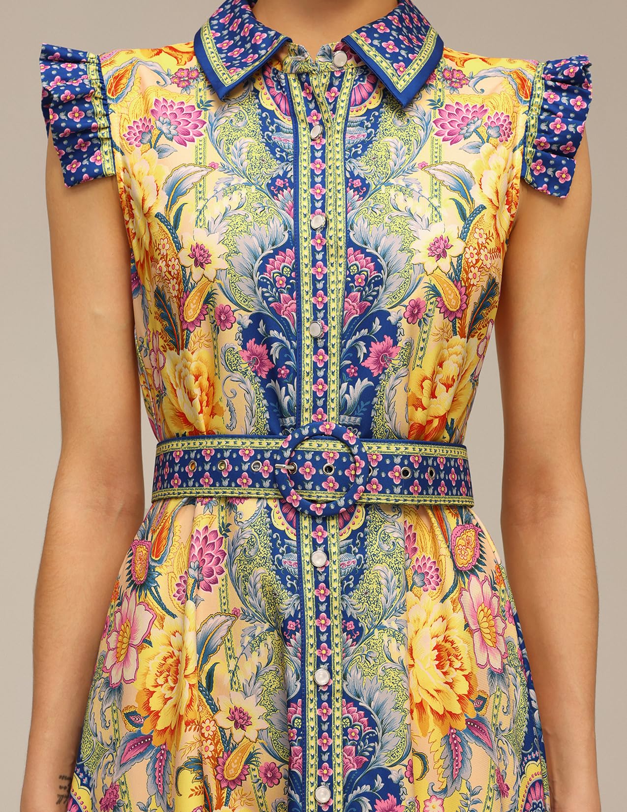 Foto 6 pulgar | Vestido Tsukko Azul Floral De Manga Corta Con Cuello Redondo Y Manga Corta Mini - Venta Internacional.