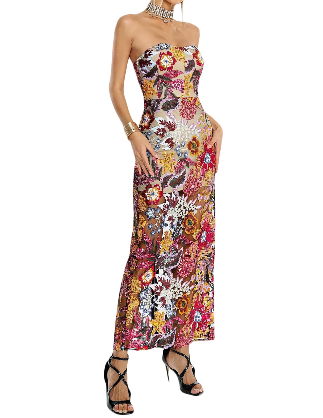 Foto 2 pulgar | Vestido Bella Barnett Precioso Maxi Floral Con Lentejuelas Para Mujer - Venta Internacional.