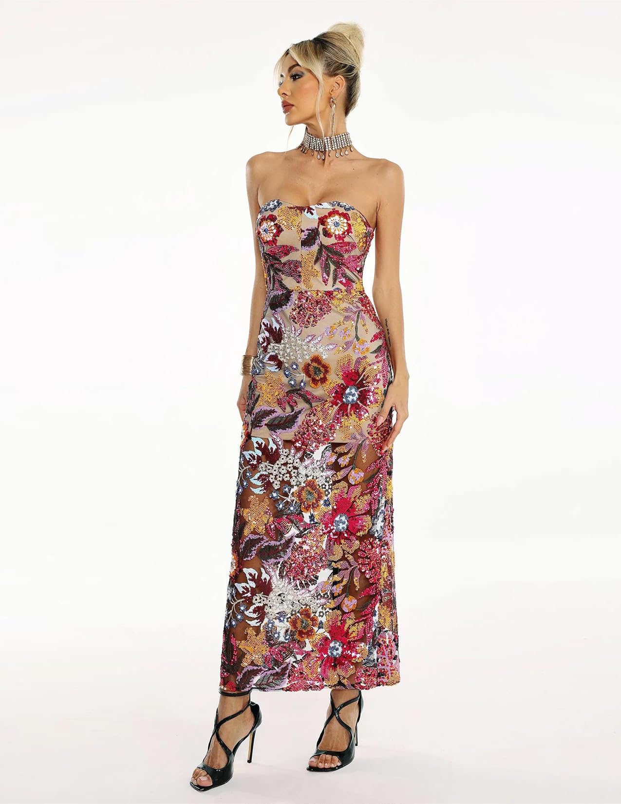 Foto 5 pulgar | Vestido Bella Barnett Precioso Maxi Floral Con Lentejuelas Para Mujer - Venta Internacional.