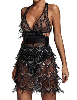 Foto 1 | Vestido Bella Barnett, Minicorsé Sexy Con Cuello En V, Color Champán Transparente - Venta Internacional.