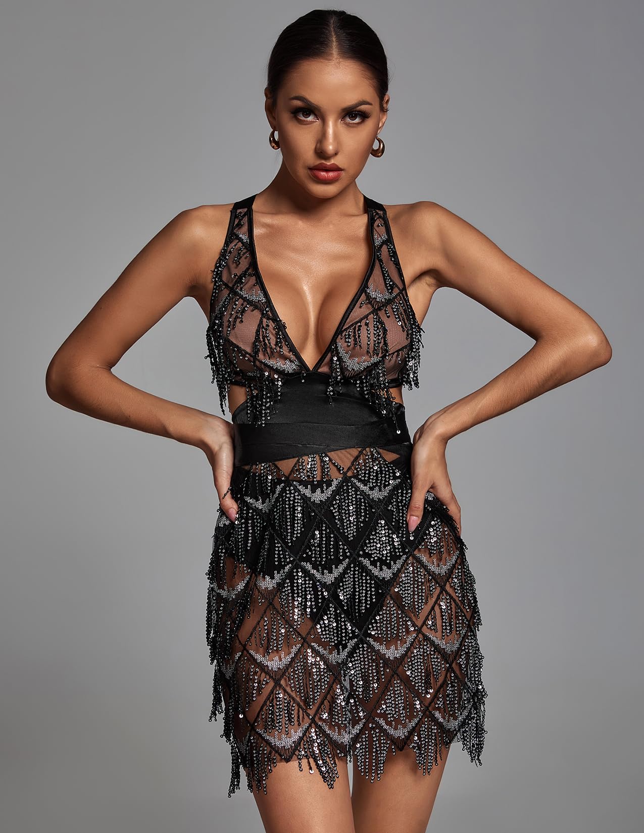 Foto 5 pulgar | Vestido Bella Barnett, Minicorsé Sexy Con Cuello En V, Color Champán Transparente - Venta Internacional.