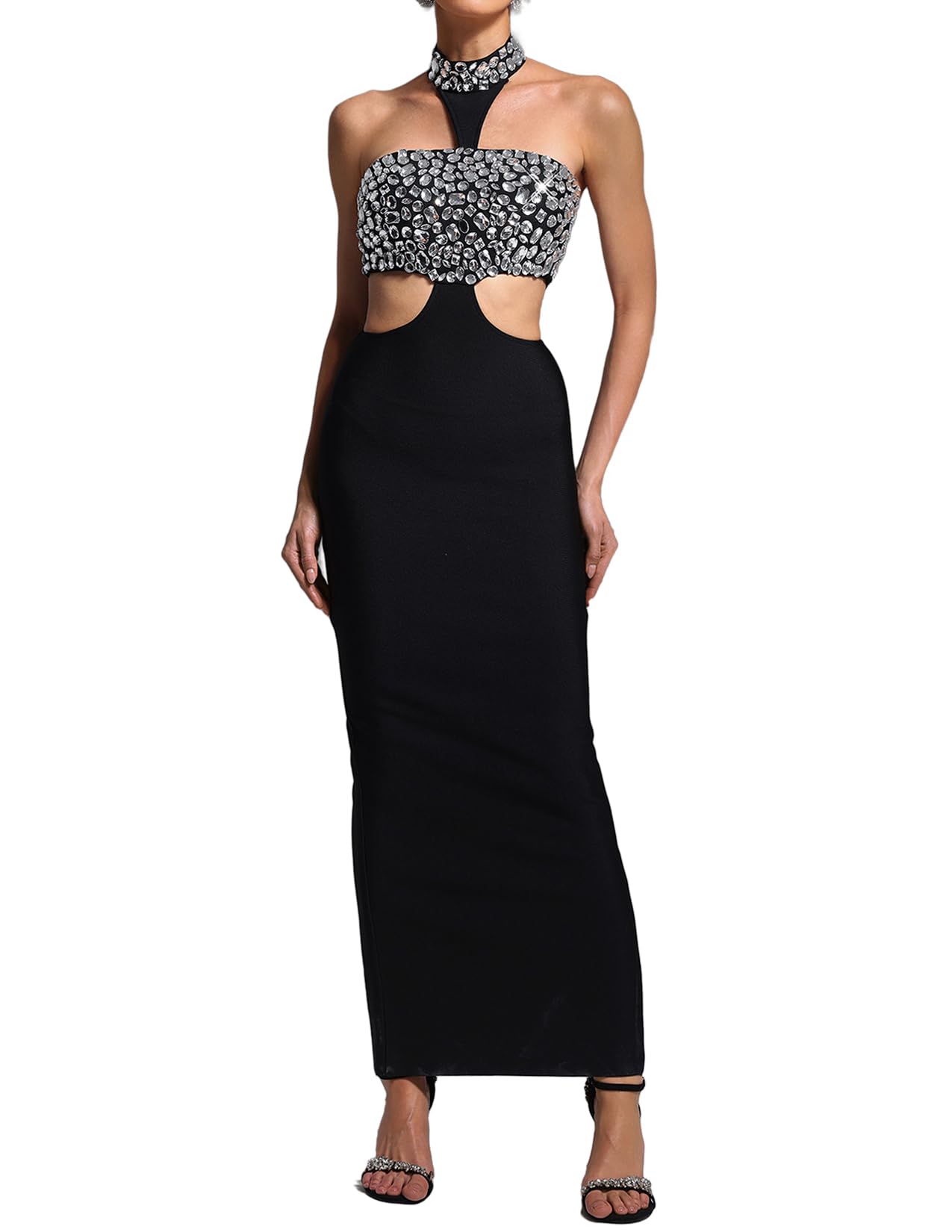 Vestido Bella Barnett Opulent Halter Adornado Con Escote Negro - Venta Internacional.