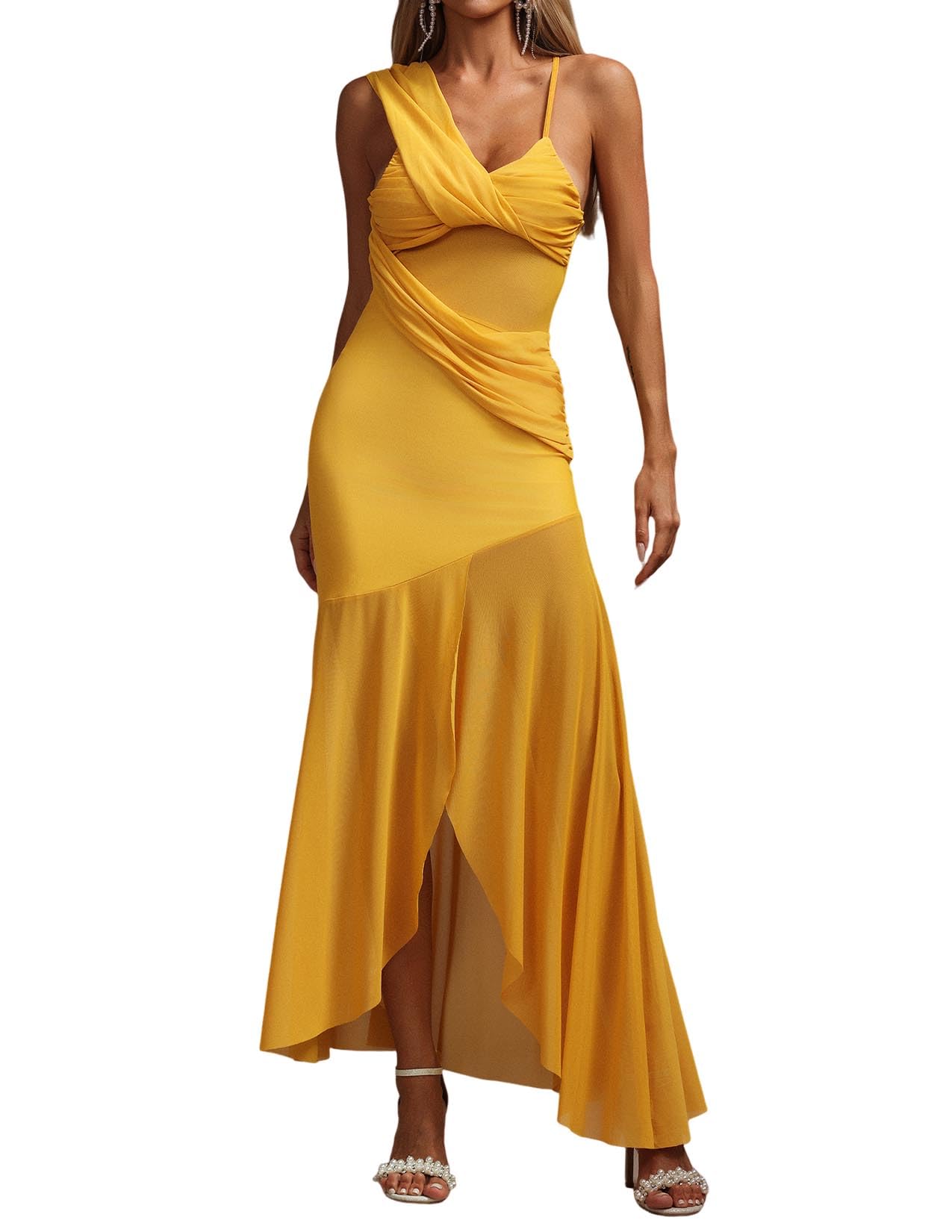 Foto 2 pulgar | Vestido Tsukko Con Nudo Amarillo Y Tirantes Finos Y Abertura Asimétrica - Venta Internacional.