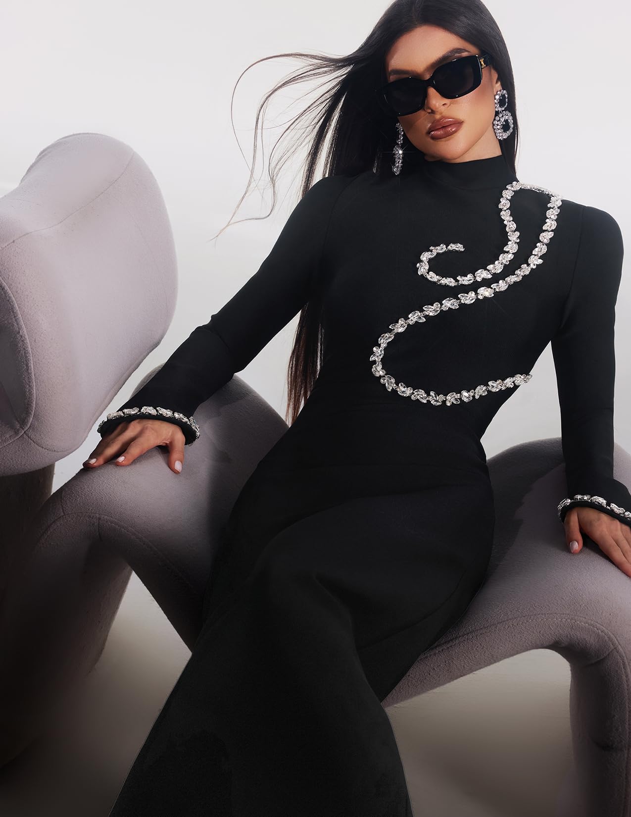 Foto 6 pulgar | Vestido Bella Barnett Con Vendaje En Forma De Diamante, Manga Larga, Negro - Venta Internacional.