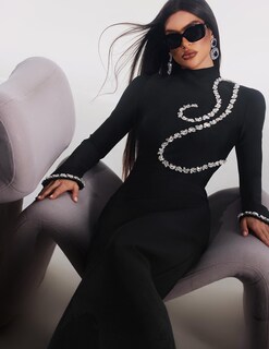 Foto 5 | Vestido Bella Barnett Con Vendaje En Forma De Diamante, Manga Larga, Negro - Venta Internacional.