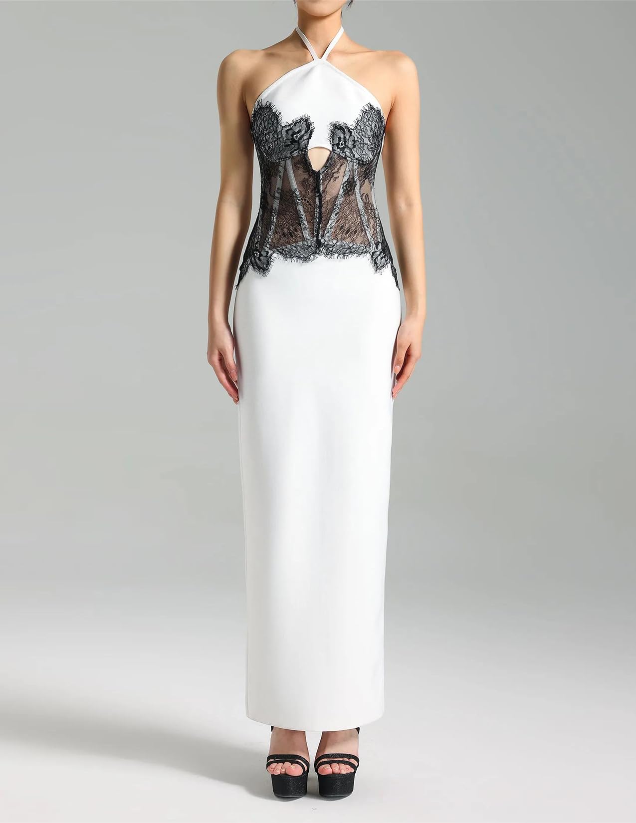 Foto 3 pulgar | Vestido Bella Barnett De Encaje Blanco Con Vendaje De Malla Recortada Para Mujer - Venta Internacional.