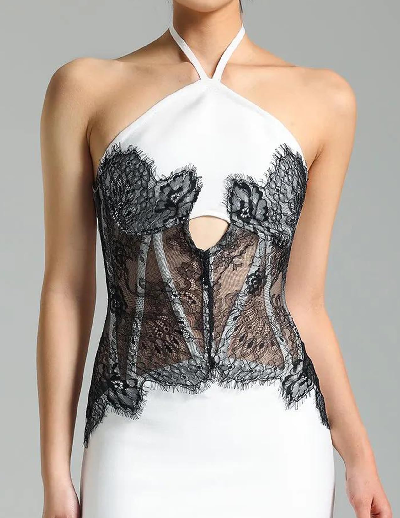 Foto 5 pulgar | Vestido Bella Barnett De Encaje Blanco Con Vendaje De Malla Recortada Para Mujer - Venta Internacional.