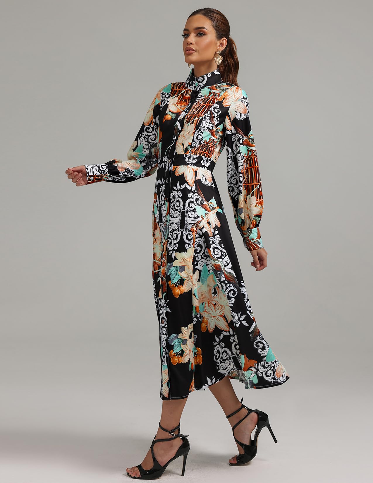 Foto 4 pulgar | Vestido Bella Barnett Estampado Con Cuello Alto Y Manga Larga Con Estampado Floral - Venta Internacional.