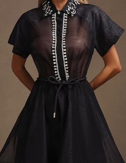 Foto 6 | Vestido Tsukko Sofisticado De Manga Corta Con Panel Transparente Negro - Venta Internacional.