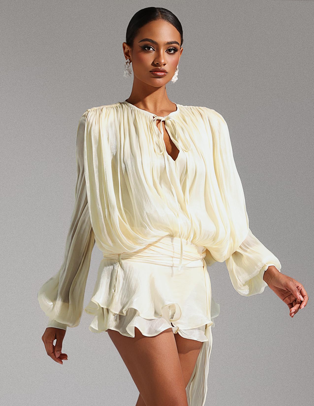 Foto 4 pulgar | Vestido De Verano Tsukko Con Dobladillo Con Volantes Y Manga Larga Para Mujer, Blanco - Venta Internacional.
