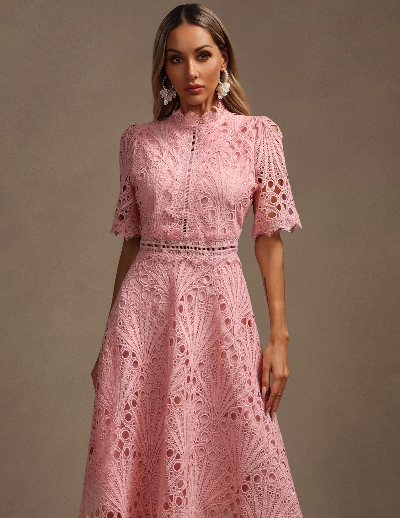 Foto 3 pulgar | Vestido Tsukko De Encaje Rosa Con Mangas Largas Con Volantes Para Mujer - Venta Internacional.