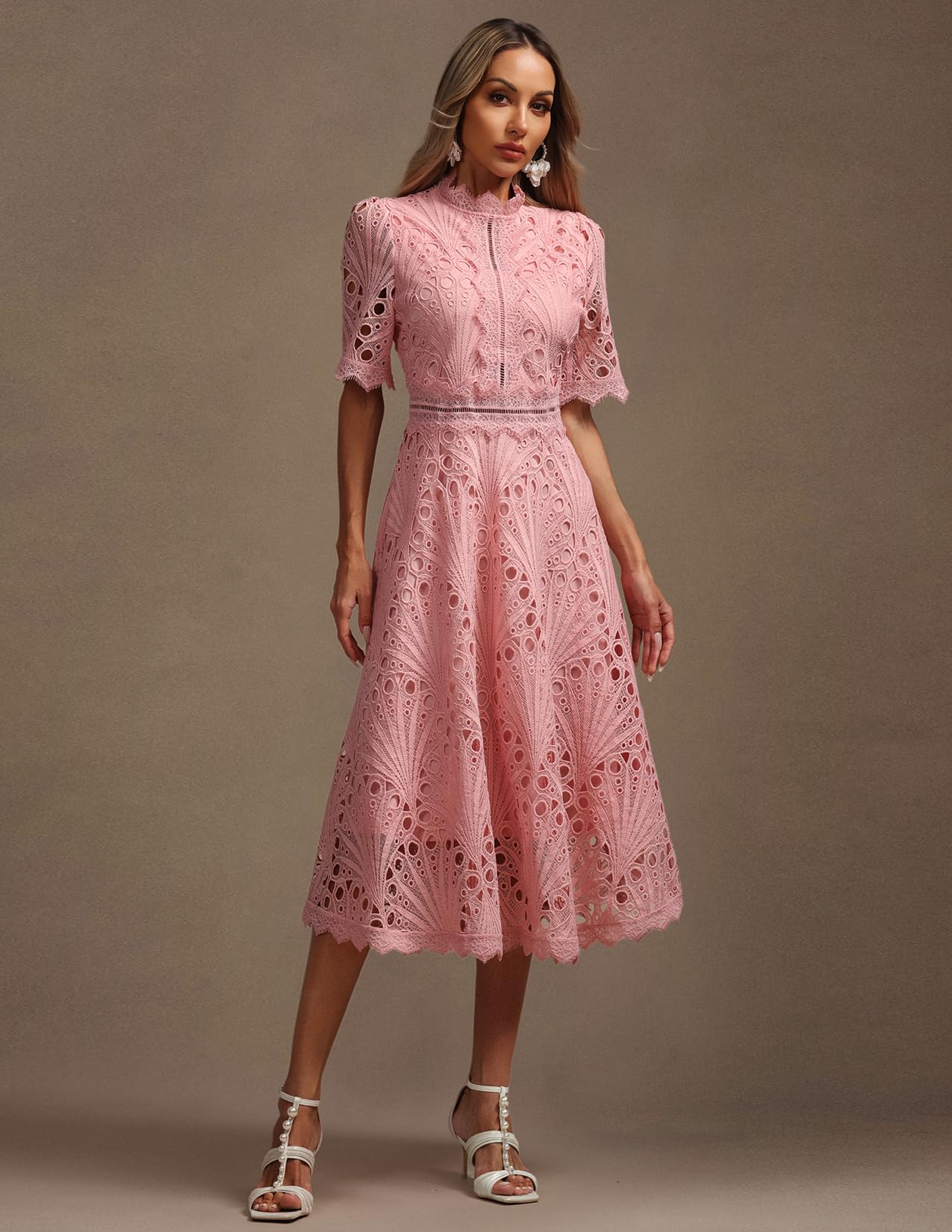 Foto 4 pulgar | Vestido Tsukko De Encaje Rosa Con Mangas Largas Con Volantes Para Mujer - Venta Internacional.