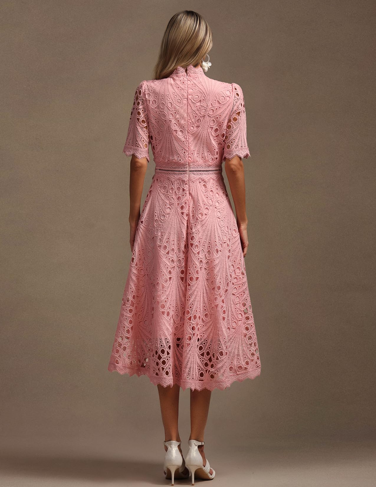 Foto 5 pulgar | Vestido Tsukko De Encaje Rosa Con Mangas Largas Con Volantes Para Mujer - Venta Internacional.