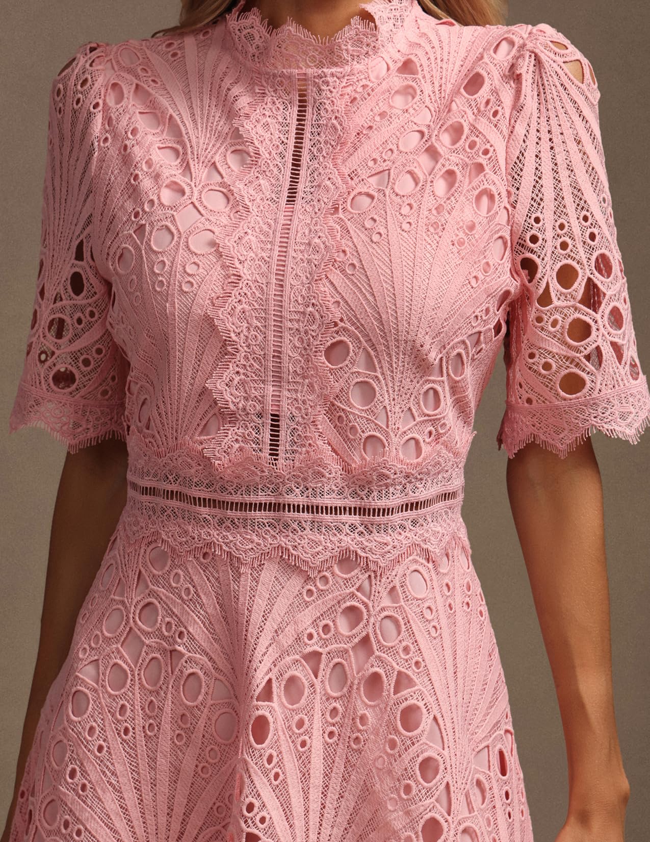 Foto 6 pulgar | Vestido Tsukko De Encaje Rosa Con Mangas Largas Con Volantes Para Mujer - Venta Internacional.